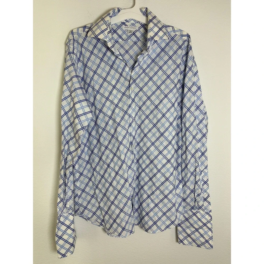 Banana Republic Mens Large Blue‎ White Diagonal Plaid Long Sleeve Button Down